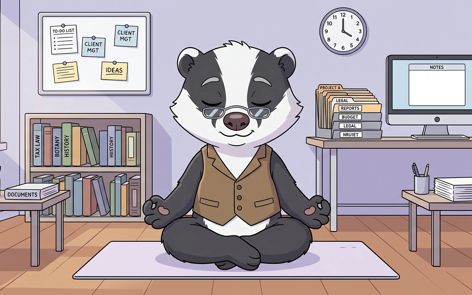 Badger resting at a desk, illustrating burnout prevention and recovery